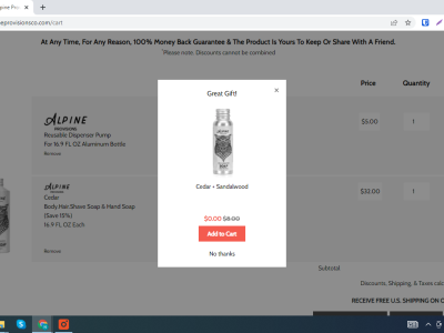 Alpine cart page pop up display